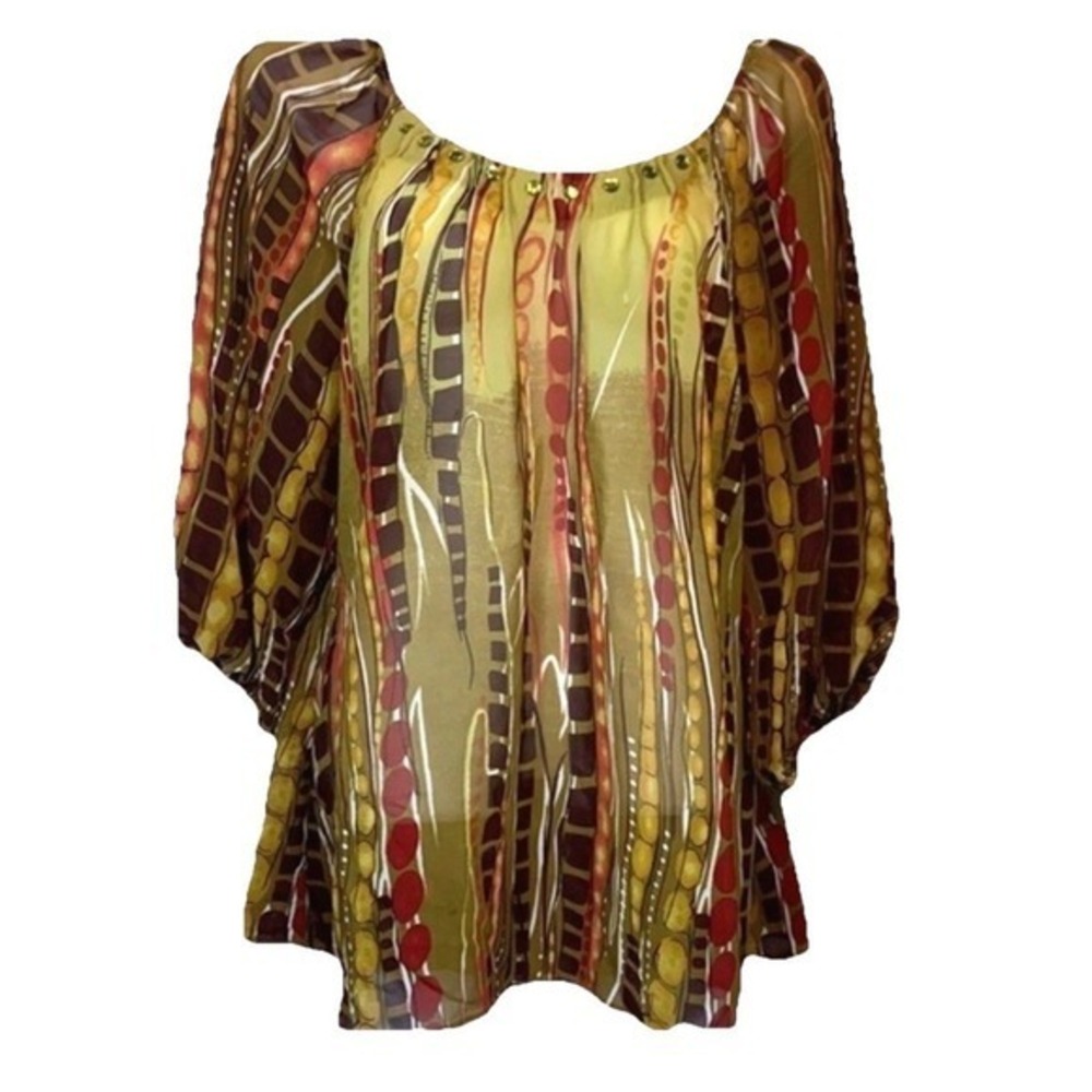 Lane Bryant Blouse 18/20 Sheer Chiffon Abstract Print Rhinestone Boho Earthy Top